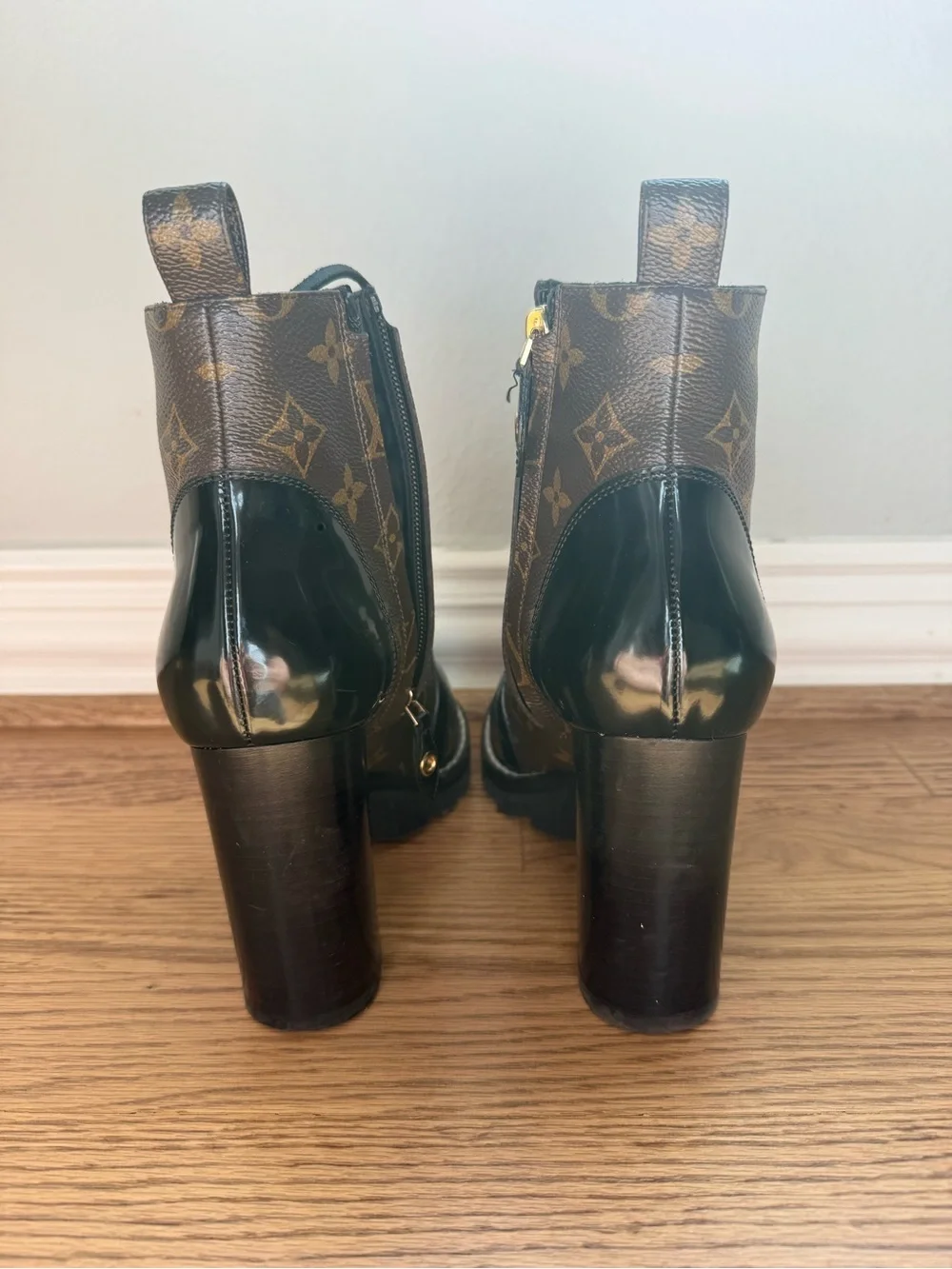 Louis Vuitton Black and Brown Monogram Lace-Up Block Heel Boots